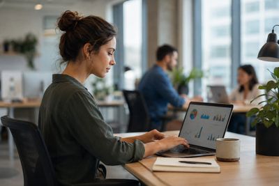 Woman analysing Shopify A/B testing data on a laptop in a modern office.