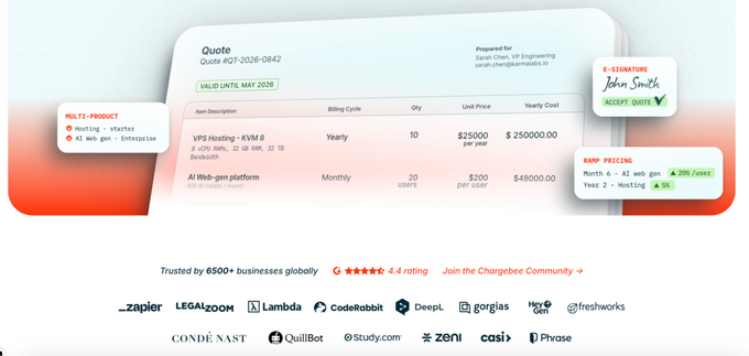 An example of Chargebee building trust signals to optimize B2B CRO.