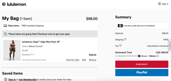 Shopify CRO: 12 data-driven tips to boost your store's conversion rate An example of Lululemon's checkout page.
