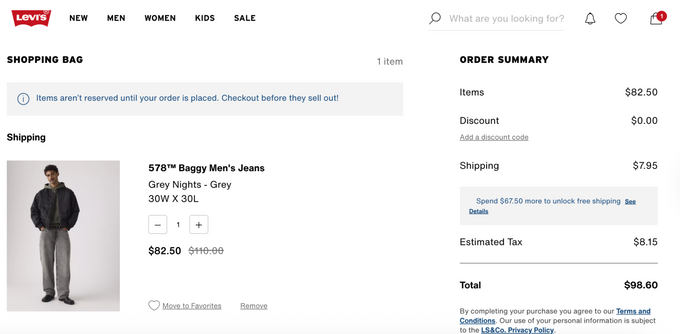 An example of Levis' checkout page. 