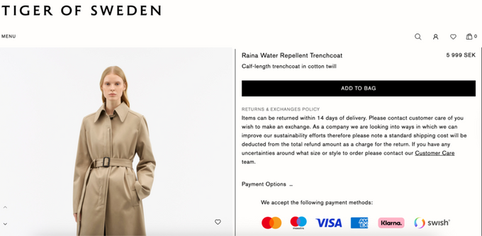 Shopify CRO: 12 data-driven tips to boost your store's conversion rate An example of how Tiger of Sweden displays trust signals on their shopify page.