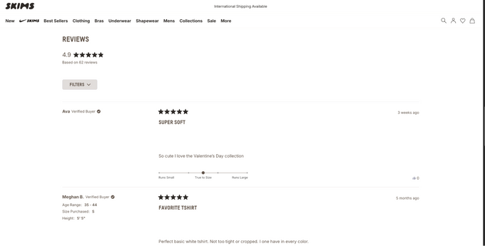 An example of SKIMS' reviews on website.