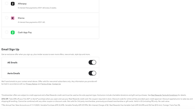 A screenshot of American Eagle's e-commerce checkout. 