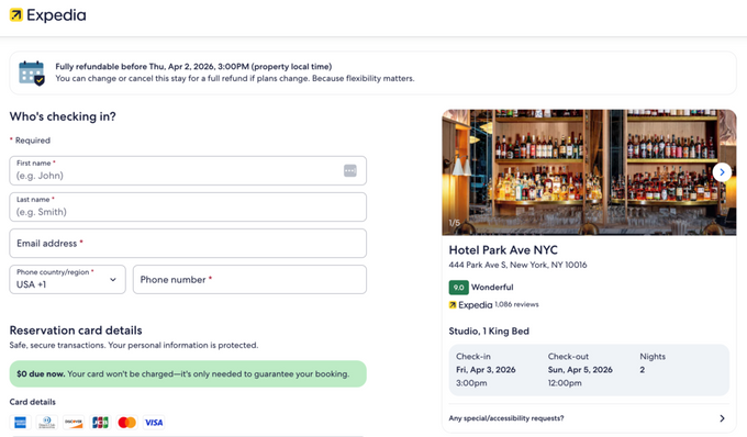 8 CRO recommendations with real-world examples and results (2026) An example of Expedia's checkout form.