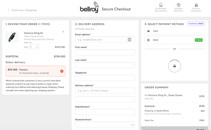 An example of Belroy's checkout flow. 