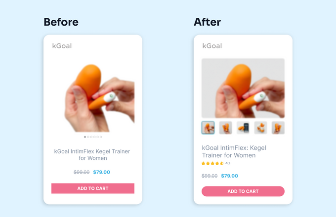 kGoal PDP Mobile Layout Before vs After Comparison Side-by-side mobile screenshot comparison showing kGoal’s control product page versus CROforce’s redesigned variant, highlighting updated image galleries, star ratings, and CTA placement.