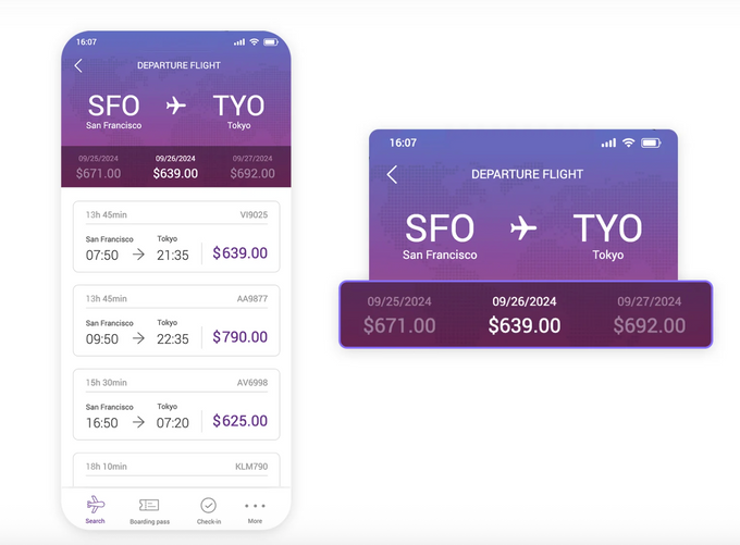 Flight booking mobile navigation. 