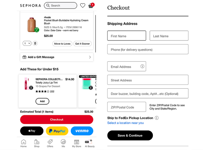 Sephora's mobile checkout flow. 