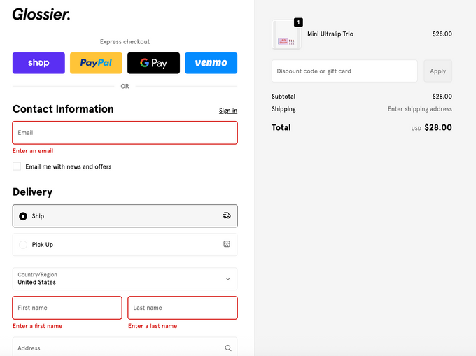 Website conversion rate optimization: benchmarks and best practices An example of Glossier's easy checkout flow.