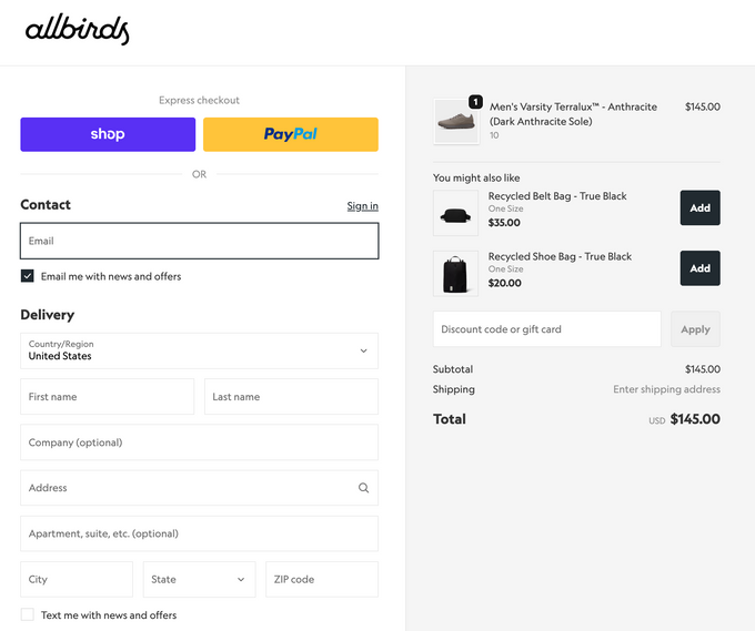 The checkout page of e-commerce platform Allbirds.
