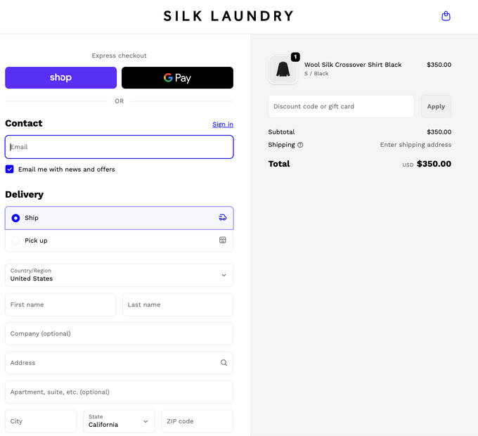 Silk Laundry e-commerce checkout example. 