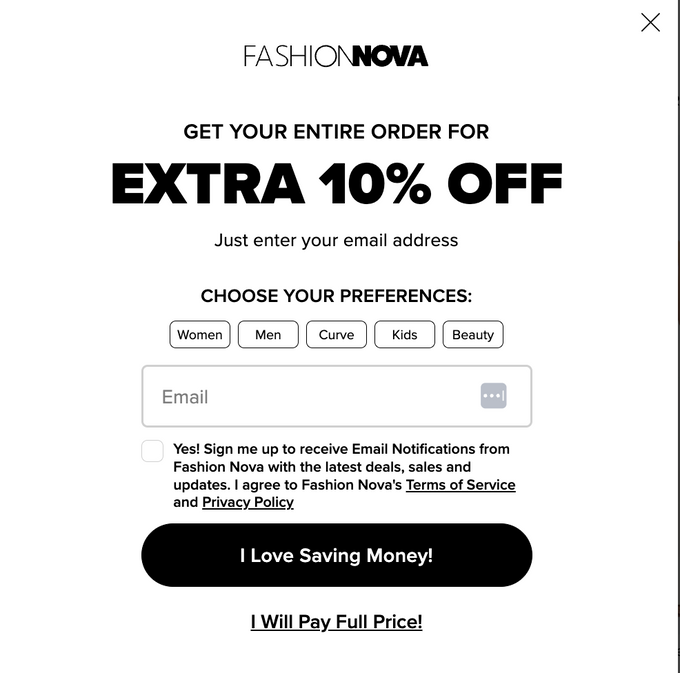 Shopify CRO: 12 data-driven tips to boost your store's conversion rate Fashion Nova using exit intent campaigns to boost their shopify CRO.