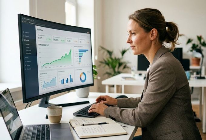 A woman sitting at a desk using a computer.