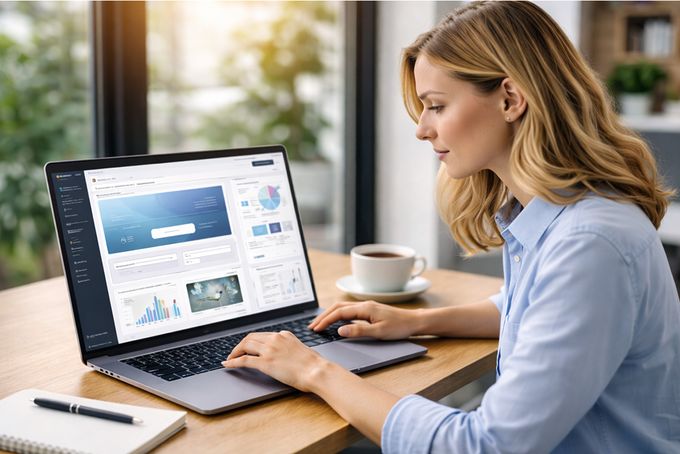 A woman working on her company's landing page conversion.