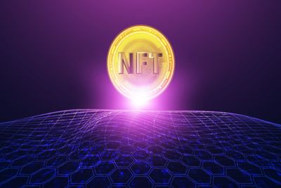 A golden sphere with the letters "NFT" hovering on top of a grid, with a bright purple light emanating below it, in front of a purple bacground.