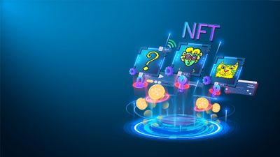 Image displaying three different pixelated images, representing the text above it saying NFT