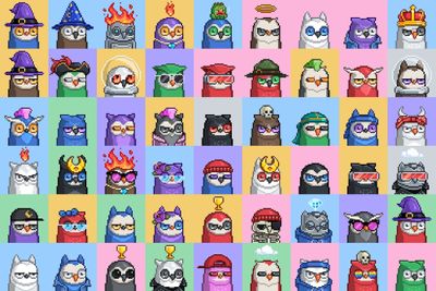 Image displaying a series of owls in pixel art format with various accessories on them