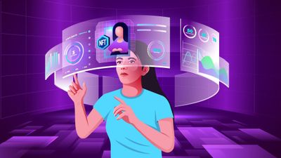 A woman pointing at a futuristic screen, surrounding her head like a hologram