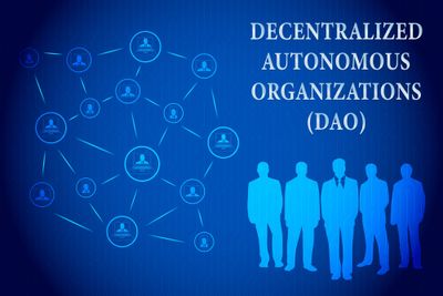 Group of silhouettes of people with the title Decentralized Autonomous Organizations (DAO) above them, next to a series of icons linked together