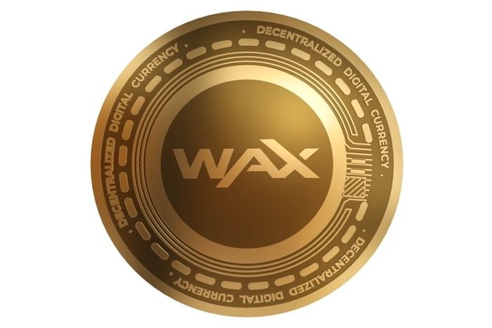 A 3D-rendered image of a WAX Blockchain token.