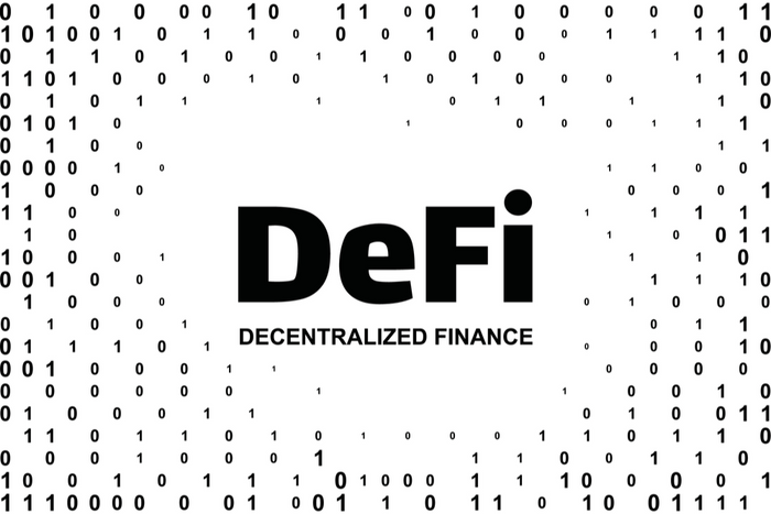 DeFi/Decentralized Finance  written in black on a white background surrounded by 1's and 0's, binary