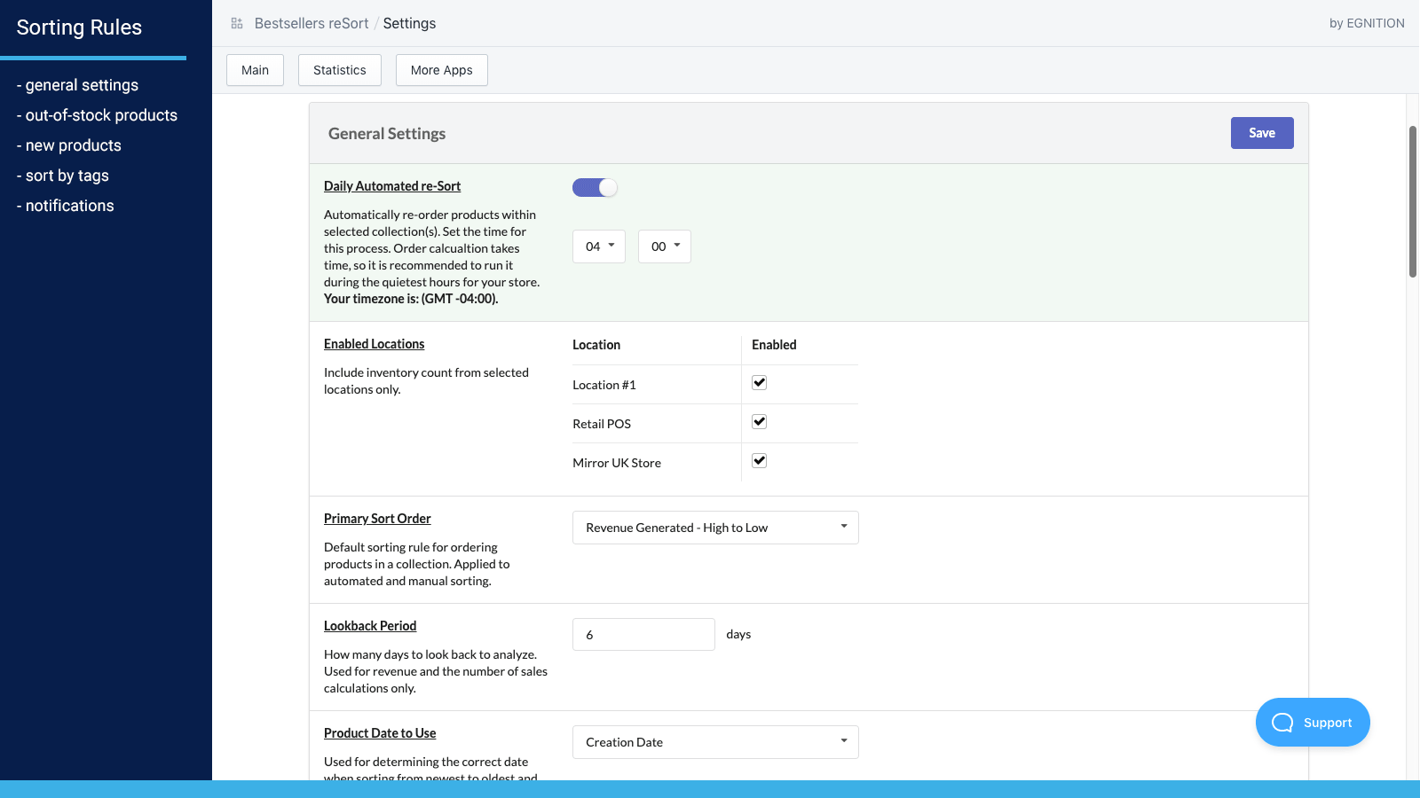 A screenshot of the general settings under the sorting rules page of Egnition's Bestsellers reSort application