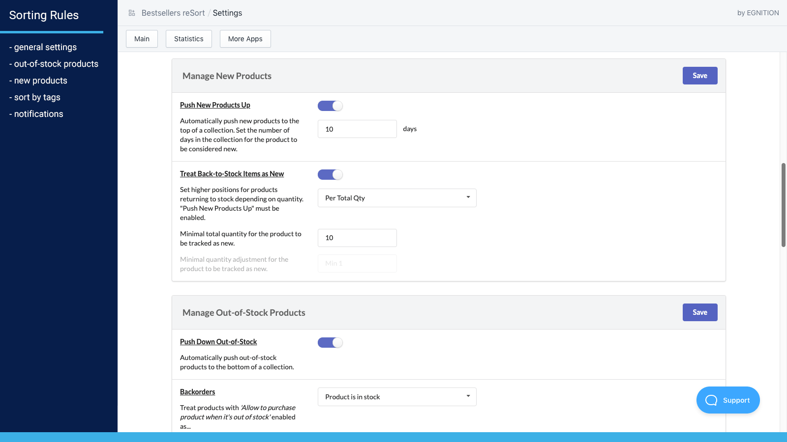 A screenshot of the products management under the sorting rules page of Egnition's Bestsellers reSort application