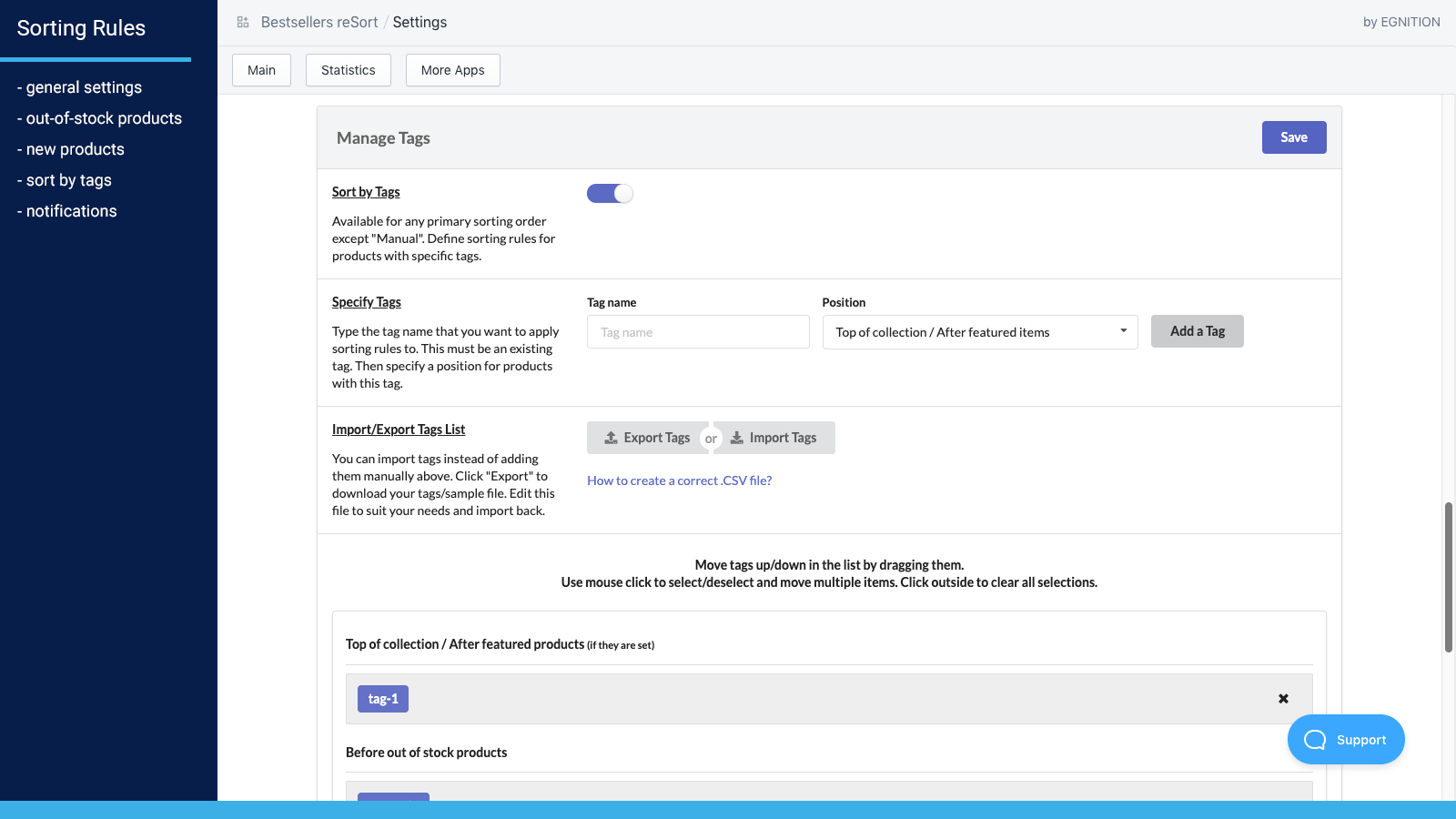 A screenshot of the tags management under the sorting rules page of Egnition's Bestsellers reSort application