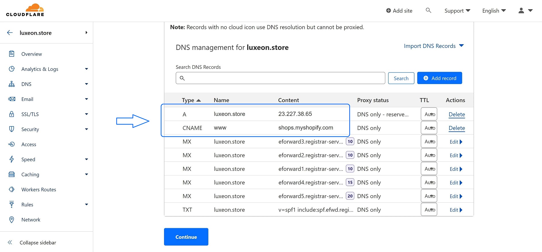 Screen shot of Cloudflare DNS setup page