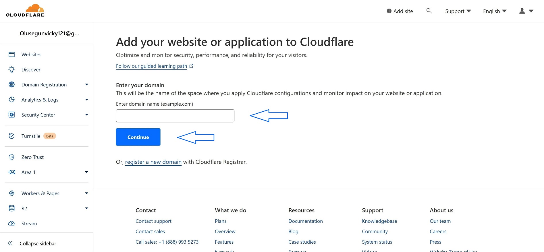 Screenshot of Cloudflare add a domain page