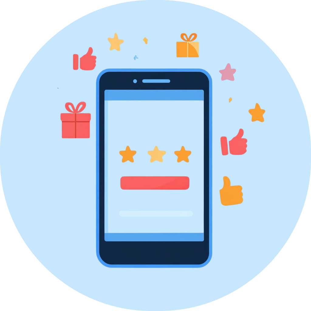 A cell phone with a thumbs up and star icons around it.