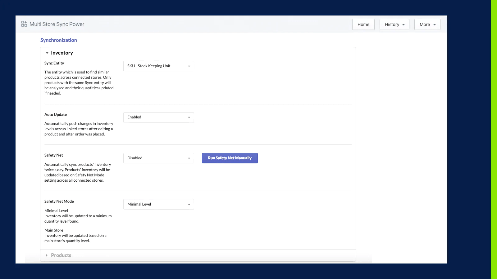 A screenshot of the inventory settings under the synchronization page in the Multi-Store Sync Power application