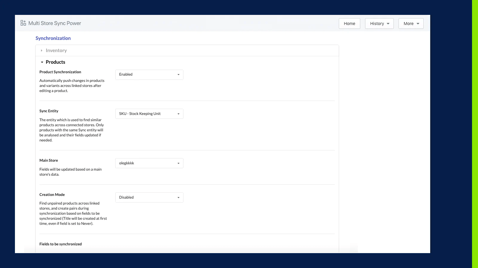 A screenshot of the products' settings under the synchronization page in the Multi-Store Sync Power application