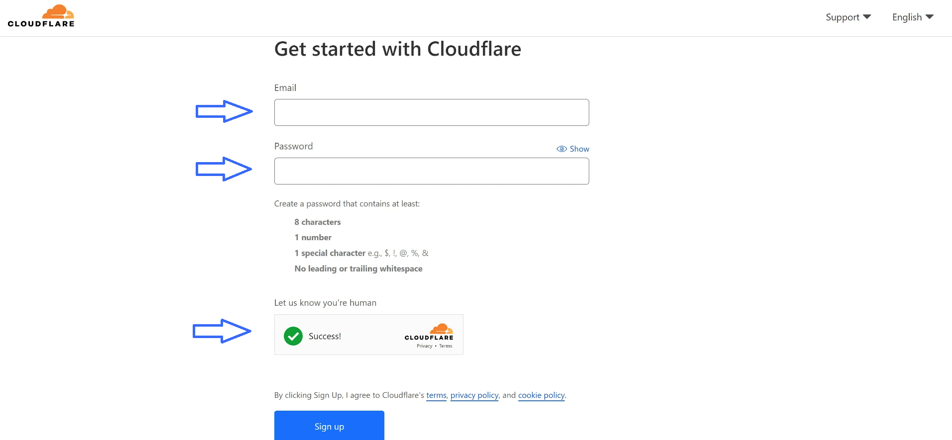 Screenshot of Cloudflare signup page with focus on instructions