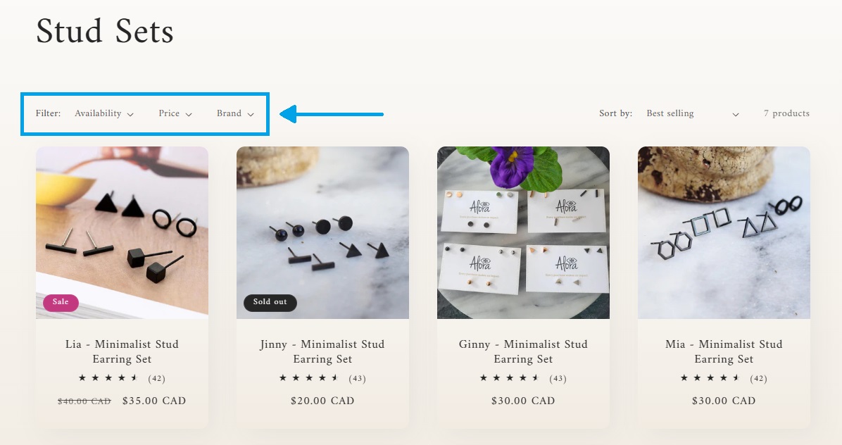 Screenshot of the Shopify filters Alora Boutique uses on its website