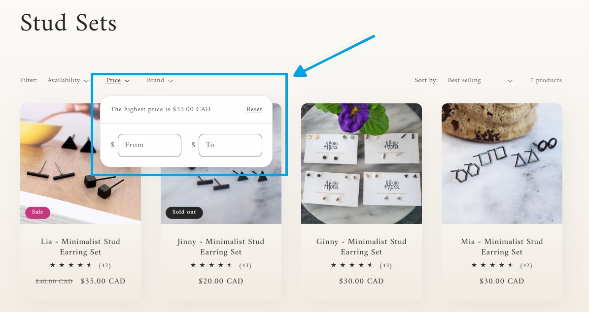 Screenshot of Alora Boutique's Shopify price filter