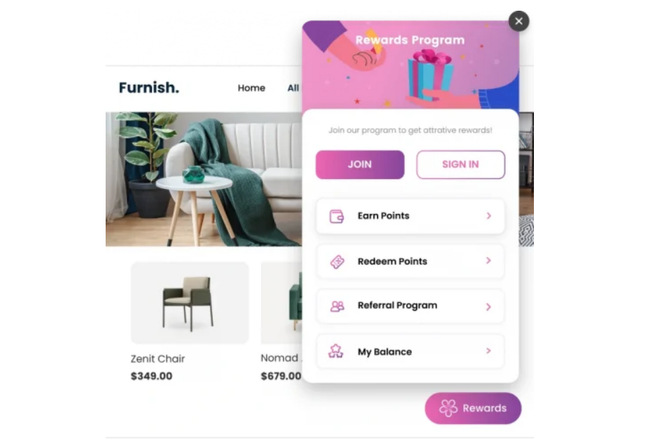 a screen shot of the furniture section of a website