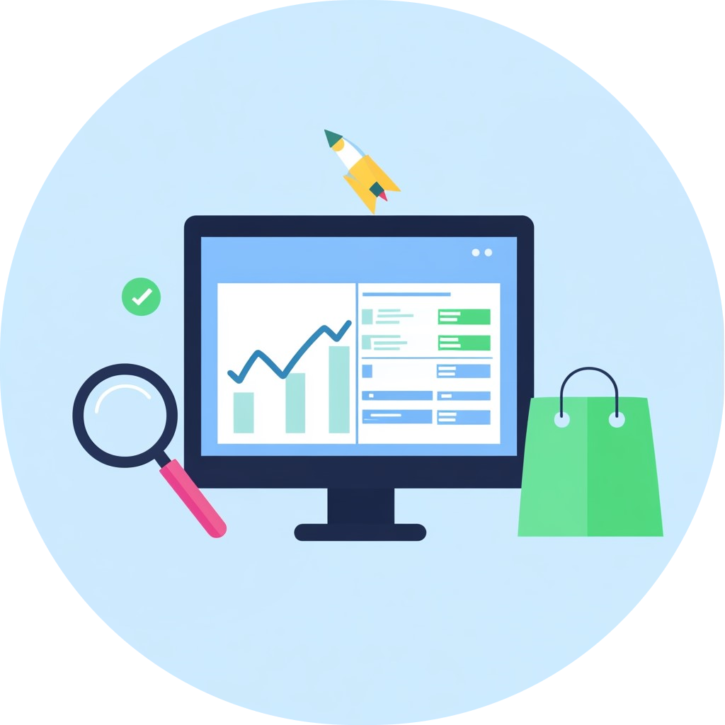 Shopify SEO A computer screen with a magnifying glass and a bag.
