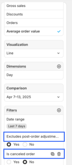 Adjust filters Screenshot to exclude test and cancelled orders