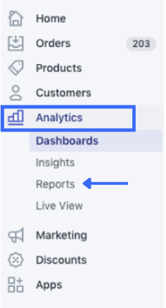 Analytics Screenshot of Shopify admin page, with blue arrow pointing to reports