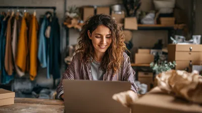 a woman sitting in front of a laptop computer