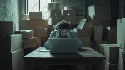 Stressed eCommerce merchant sitting at a table working on a laptop surrounded by empty boxes