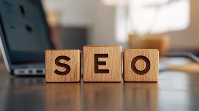 a wooden block spelling the word seo on a table with a laptop in the background