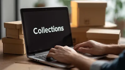 a person typing on a laptop with the word collections on the screen