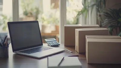 Image of a laptop on a desk, there's a calculator and empty boxes