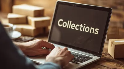 a person typing on a laptop with the word collections on the screen