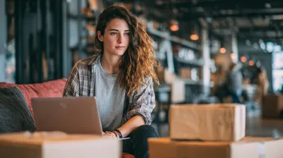 a woman sitting on a couch with a laptop