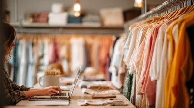 a woman working on a laptop in a clothing store