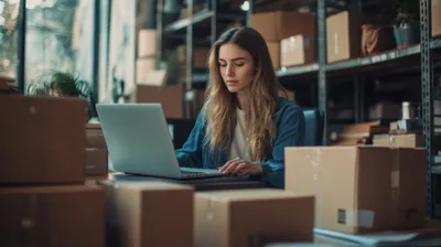 a woman working on a laptop in a warehouse