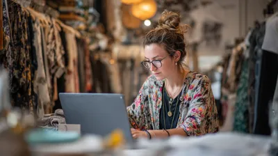 a woman sitting at a table using a laptop computer